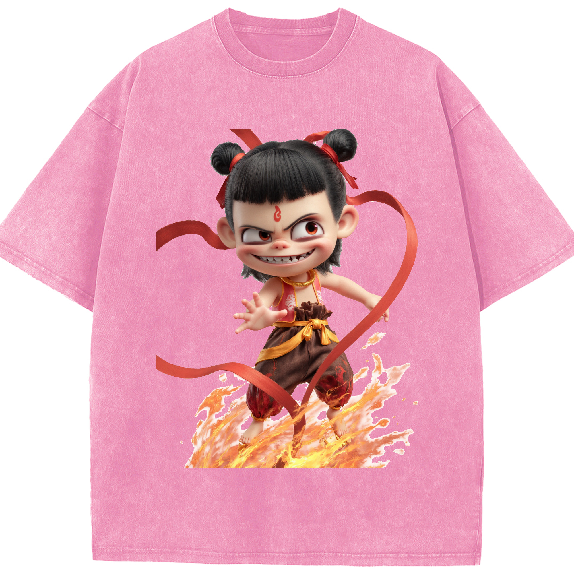 （画像用） Ne Zha 2 ナタ 魔童の大暴れ 綿100% ヴィンテージ風 半袖Tシャツ（フロントプリント）